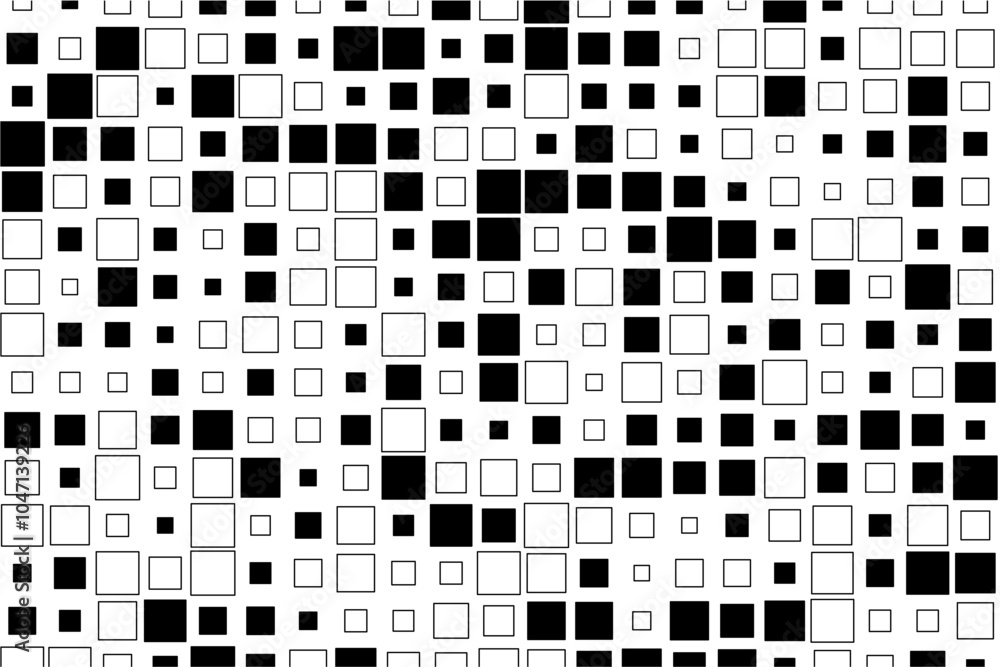 Aufkleber abstract design showcasing a rhythmic arrangement of black squares in diverse sizes across a white s