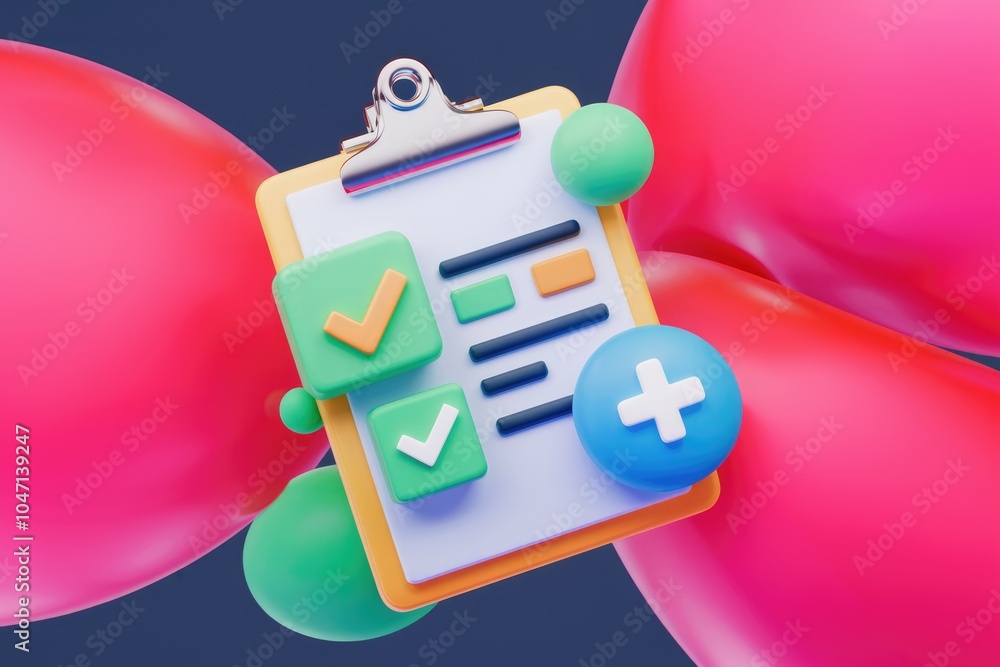 Poster A 3D illustration of a clipboard with checklist and add button.