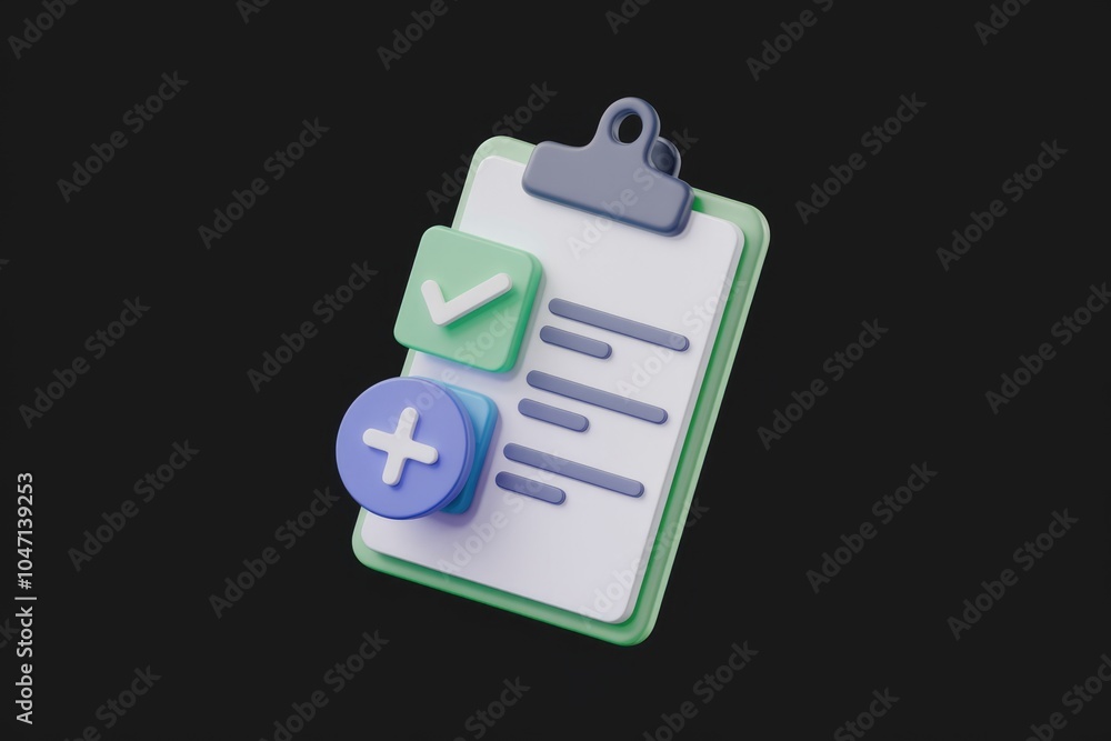 Aufkleber a 3d illustration of a clipboard with a checkmark plus sign and list.