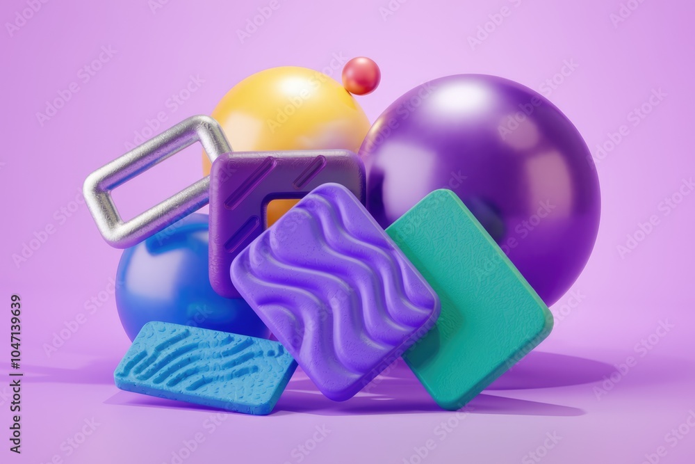 Poster abstract 3d render of colorful geometric shapes against a purple background.