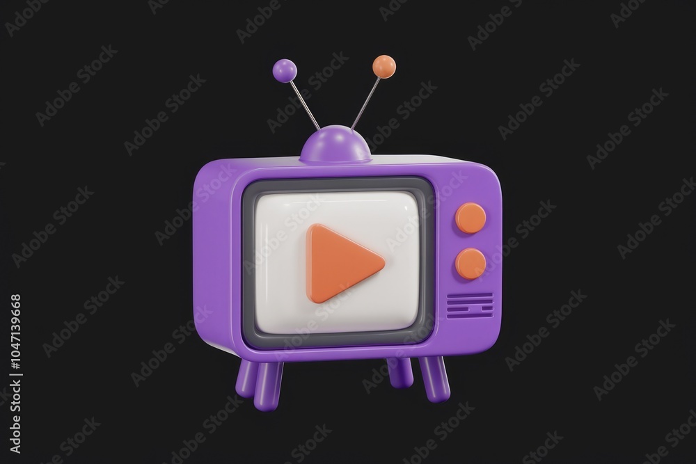 Poster A 3D rendering of a purple retro television with a play button on the screen.