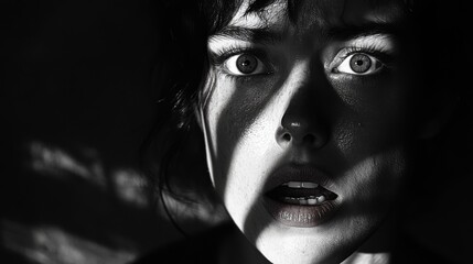 Fototapeta premium A Close-up of a Woman's Face with Striking Eyes and a Grimacing Mouth
