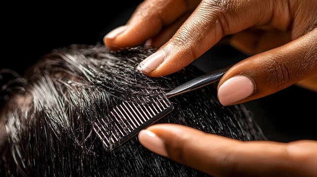 Closeup of a professional hairstylist s hands using a comb and scissors to section and style hair in a beauty salon or barbershop  Concept of precision haircutting styling and grooming services