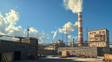 Industrial Complex with Smoke Stack and Blue Sky