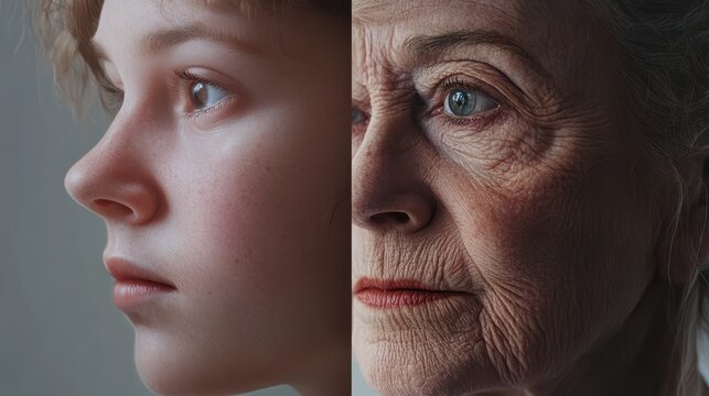 immagine di una donna americana divisa in due. Un lato del suo viso &Atilde;&uml; una versione di lei come adolescente di 18 anni, mentre l'altro lato &Atilde;&uml; una versione adulta di lei come donna di 70 anni
