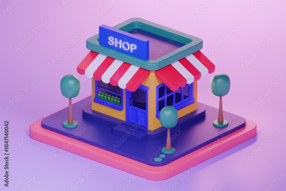 Poster a 3d rendering of a small shop with a red and white awning.