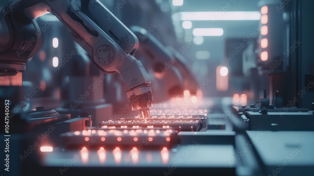 Poster industrial robotic arm working on automated production line in a modern factory. concept of automati