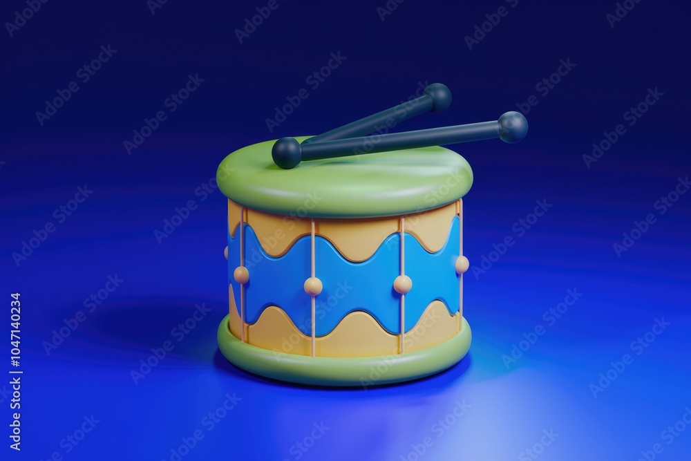 Poster A 3D rendering of a cartoon style drum with two sticks.