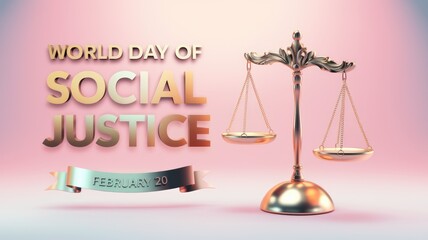 A golden scale of justice with a ribbon reading  World Day of Social Justice  February 20. 