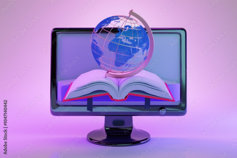 Fototapete A globe sits on an open book atop a computer monitor  symbolizing global knowledge and education.