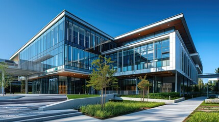 Modern Glass Office Building with Landscaped Grounds
