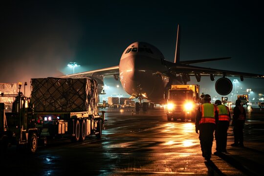 Workers unloading cargo planes at an airport, with logistics vehicles in motion