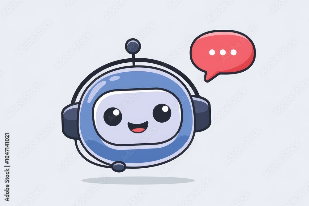Fototapete a cute blue robot with a headset is smiling and has a speech bubble with three dots.