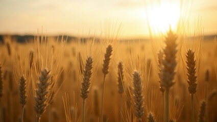 Fototapeta premium Golden barley field at sunset swaying in the breeze