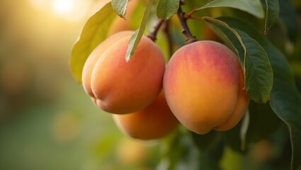 Ripe apricots on tree branches in a sunlit orchard
