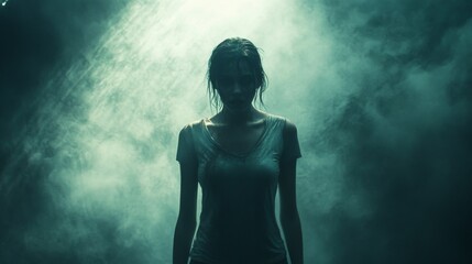 Fototapeta premium A Woman Stands in a Foggy and Moody Atmosphere