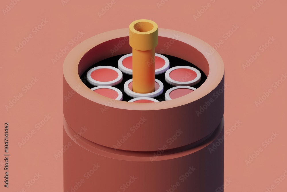 Poster a yellow pipe protrudes from a cylindrical container filled with red and white discs.