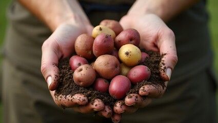 Freshly harvested brown and red skinned potatoes held in hands covered in rich soil