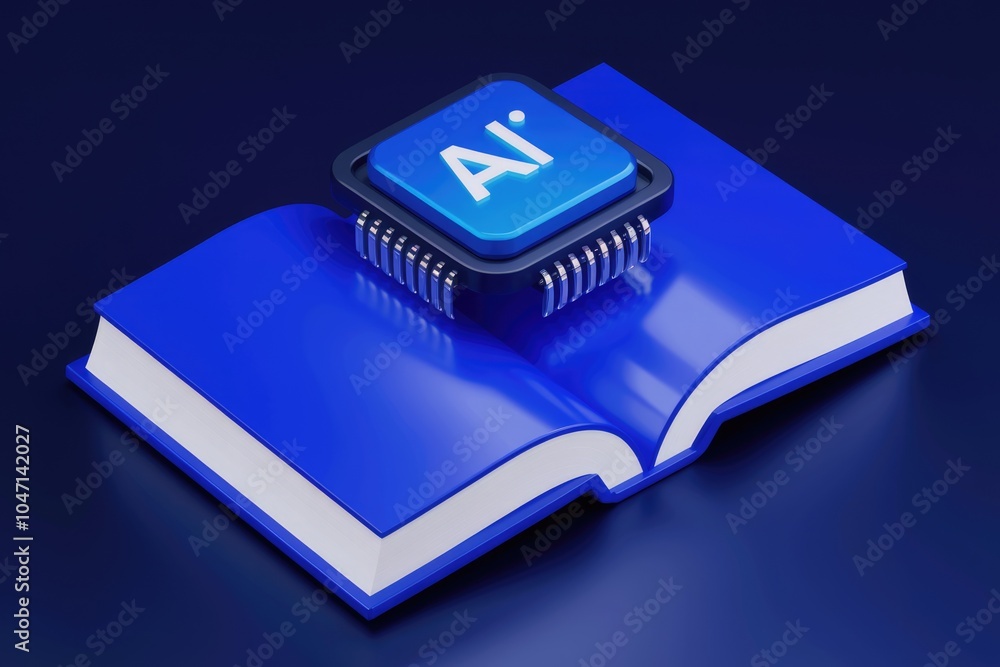 Aufkleber a blue book with an ai chip on top representing ai knowledge and learning.