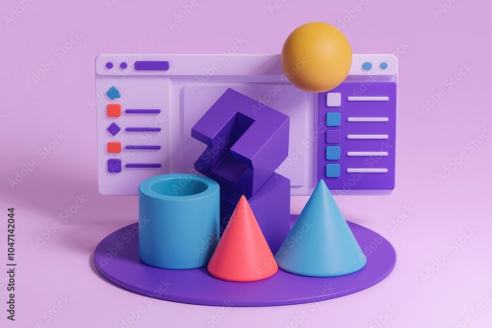 Aufkleber 3D rendering of geometric shapes and a web browser interface.