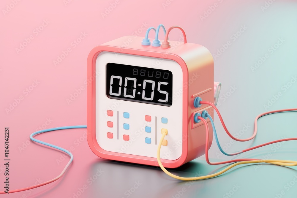 Poster a pink digital timer with wires counting down to 00 05.