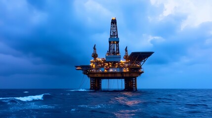 An offshore oil rig illuminated at dusk, surrounded by ocean waves under a dramatic cloudy sky, showcasing maritime industry and energy production.