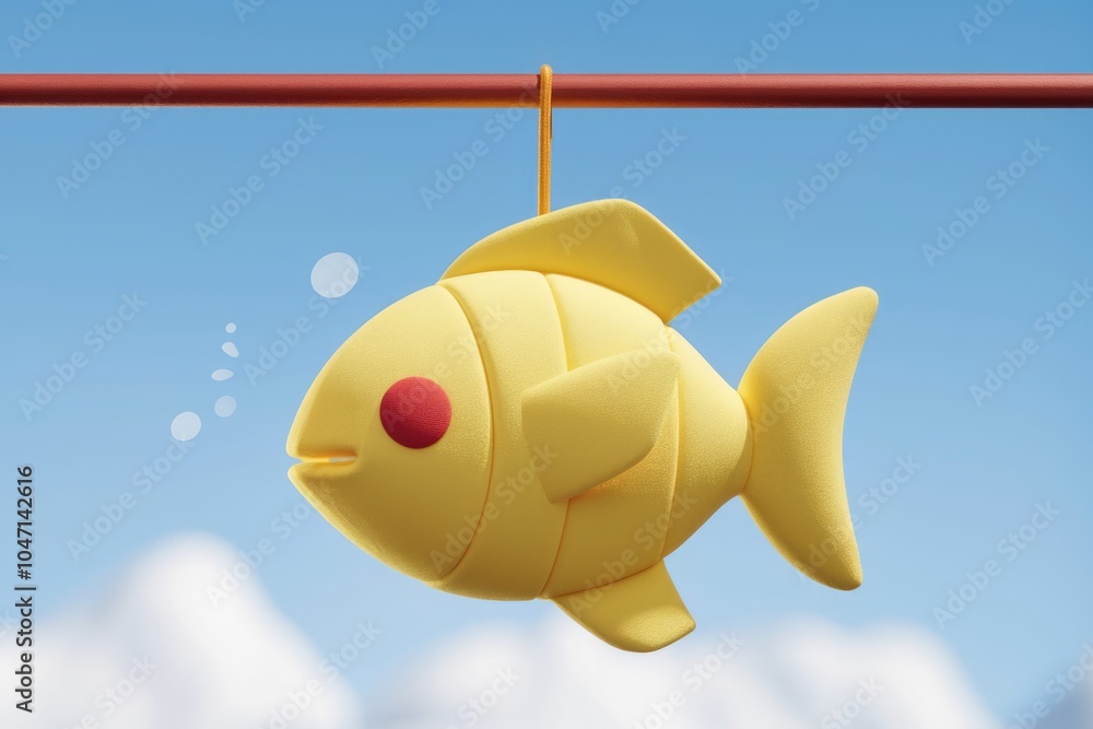 Aufkleber A 3D rendered yellow fish with red eyes hangs from a string against a blue sky.