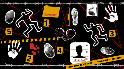 Crime scene halftone collage illustrations. Trending elements for collage crime investigation, detective. Fingerprints, footprints, crime tape, blood, crime scene photo, suspect silhouettes