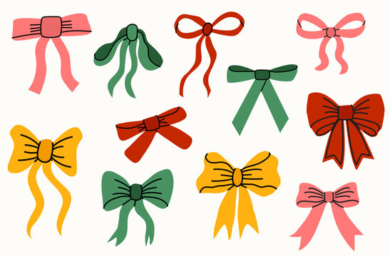Set of different cute colorful bows. Hand drawn silk bows. Trendy gift ribbons, holidays present box decor. Bowknots in hand-drawn and flat styles.