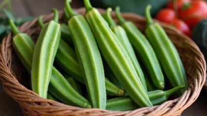 Obraz premium Freshly picked green okra pods in a rustic basket