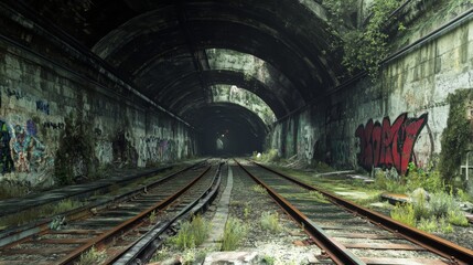 Overgrown Railroad Tunnel with Graffiti