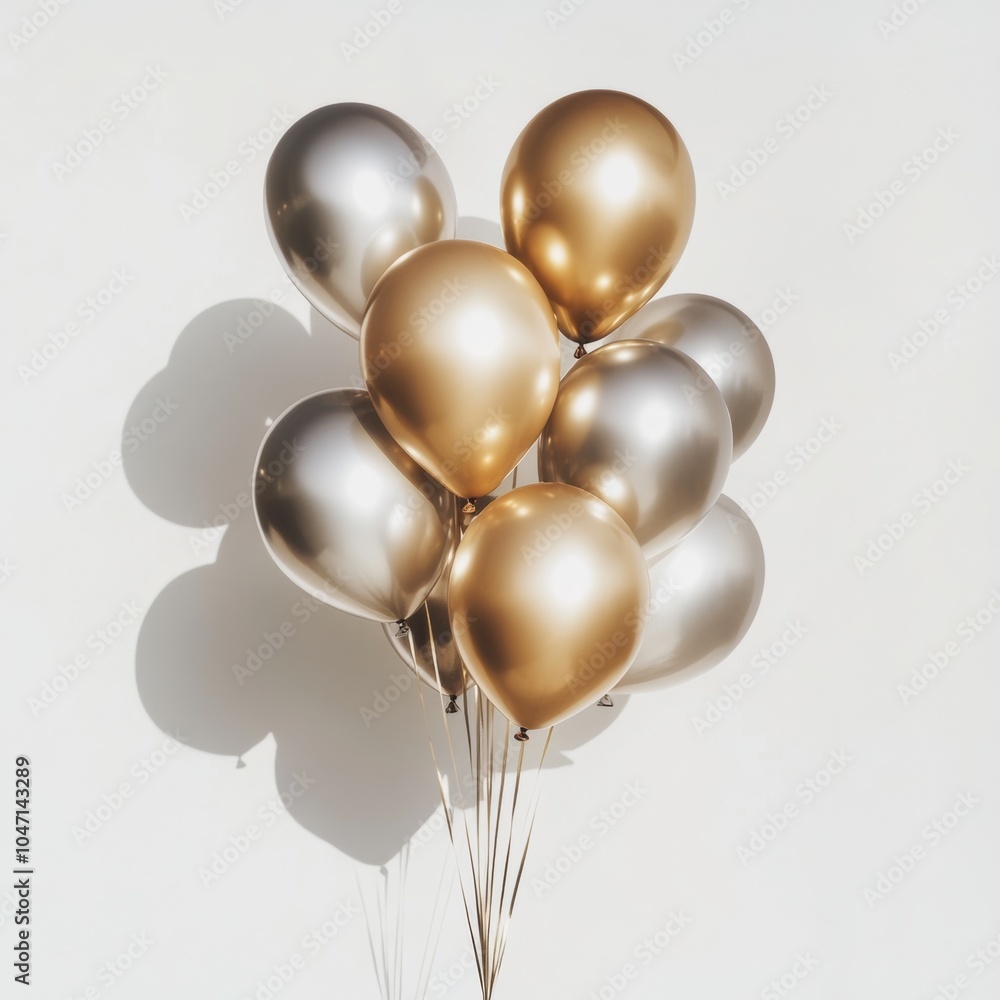 Wall mural a group of metallic gold and silver balloons floating together in mid-air, casting soft shadows on a