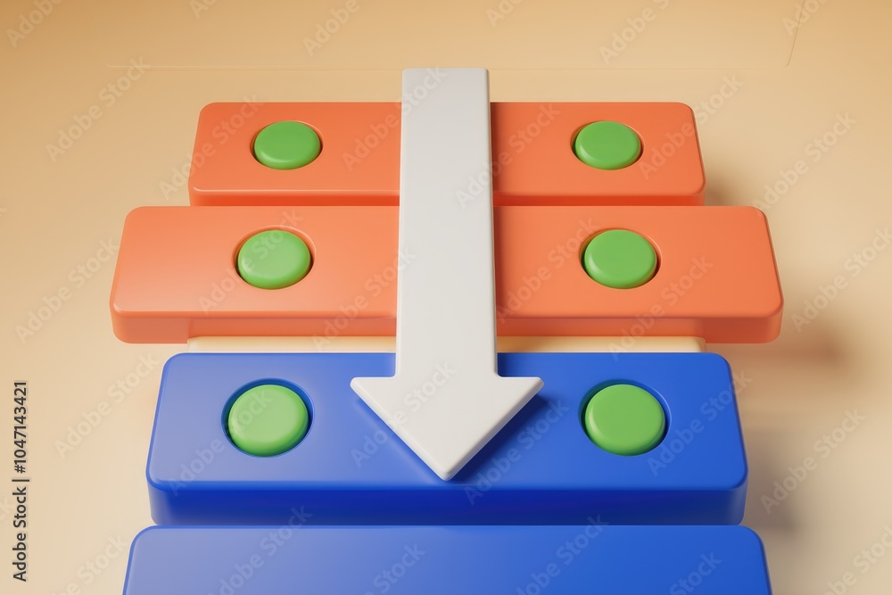 Poster abstract 3d illustration of a downward arrow with colorful blocks.