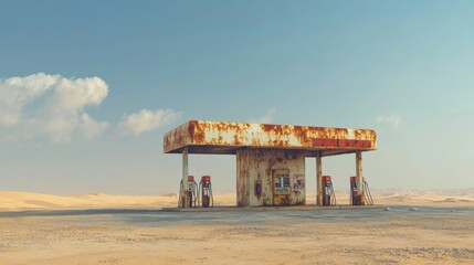 Abandoned Rusty Gas Station in a Desert Landscape
