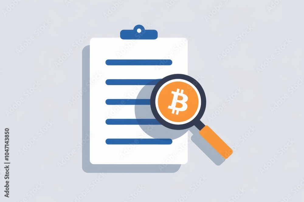 Aufkleber a magnifying glass with a bitcoin symbol is examining a checklist.