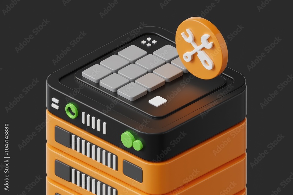 Poster a 3d illustration of a server with a wrench icon on top symbolizing server maintenance.