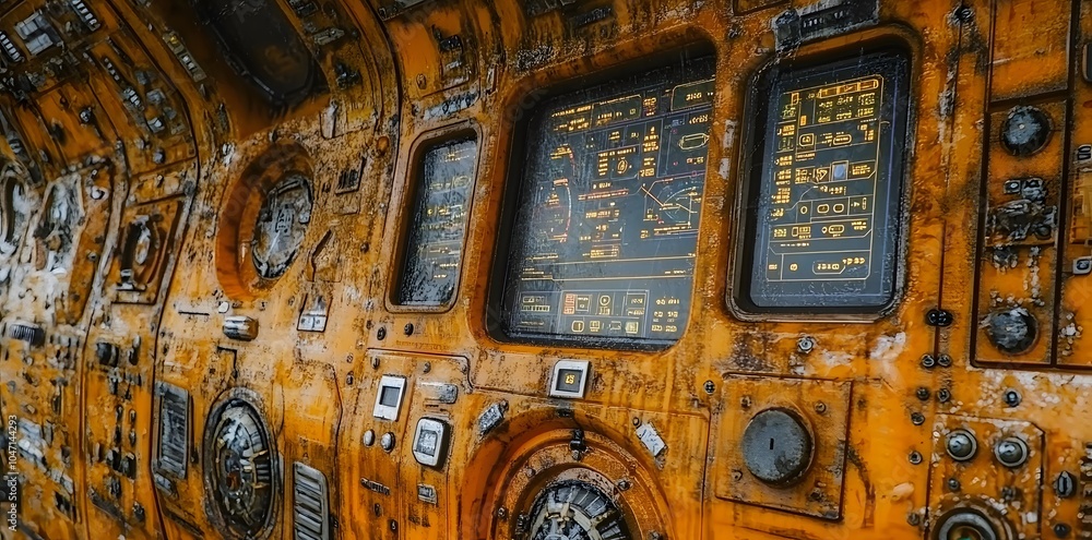 Poster a close-up of a weathered control panel with various buttons and screens, suggesting a technical env
