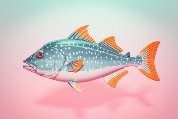 Obraz premium A stylized blue and orange fish with white spots on a pink and green background.