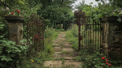 Overgrown Pathway Leading Through Stone Gates in a Lush Garden
