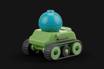 A green toy tank with a blue ball on top.