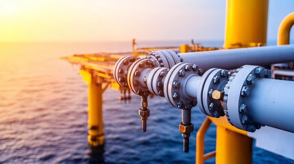 Close-up view of industrial pipelines against the backdrop of a sunset over the sea, showcasing engineering and maritime infrastructure.