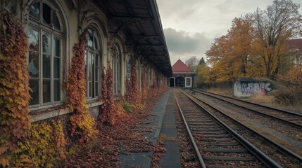 Abandoned Train Station Platform With Ivy-Covered Walls and Tracks