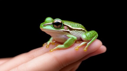 Obraz premium Green Tree Frog on Human Hand Close up Macro Photography Wildlife