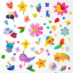 Colorful cartoon characters and shapes on a white background