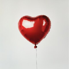 A single heart-shaped red balloon floating in mid-air, with soft light reflecting off its glossy surface, against a plain white background