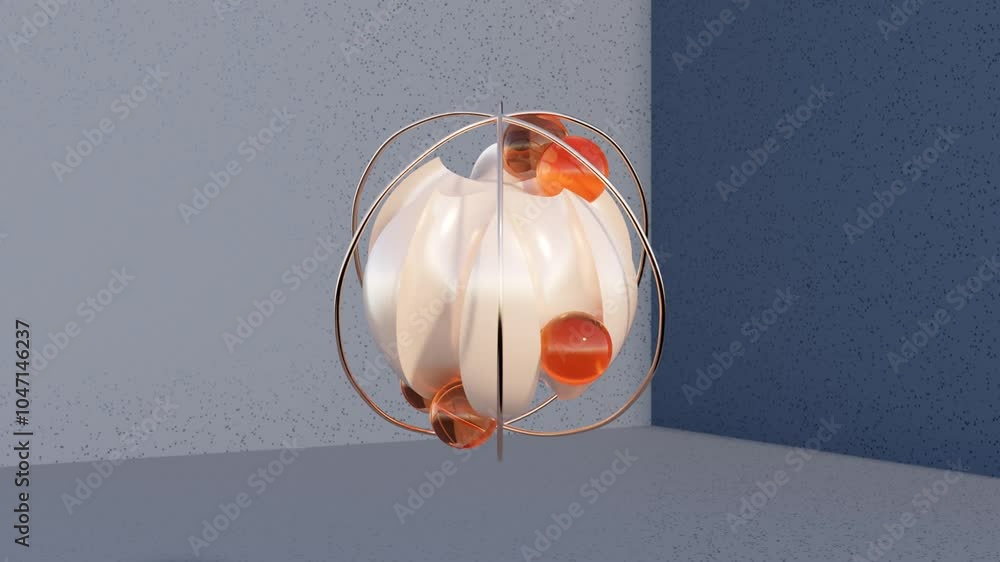 Aufkleber dynamic 3d animation with metallic rings and balls in channels on a dark background: abstract and mo