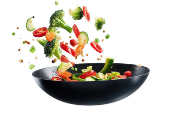 Wok pan with delicious vegetables being tossed, broccoli, pepper, tomato, carrot