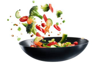 Wok pan with delicious vegetables being tossed, broccoli, pepper, tomato, carrot
