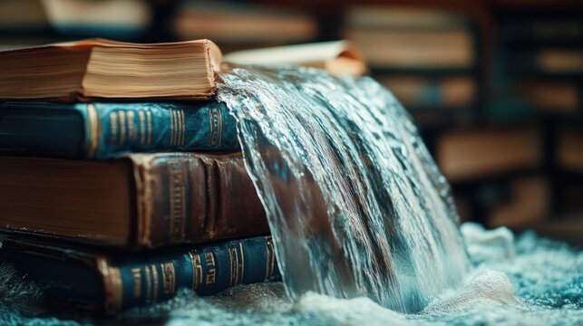 Waterfall of Knowledge: Books Submerged in a Stream of Wisdom