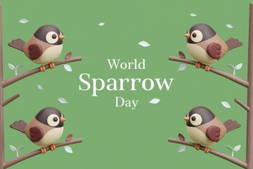 Naklejka premium Four cartoon sparrows on branches with green background celebrating World Sparrow Day.